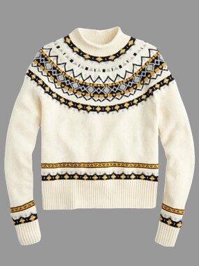 J.Crew Fair Isle Mockneck Pullover Sweater Lambs wool-Blend Cream Small